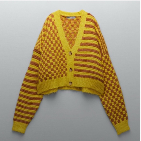 Zara yellow and brown checks stripes touch of wool jacquard knit cardigan NWT - Picture 2 of 11
